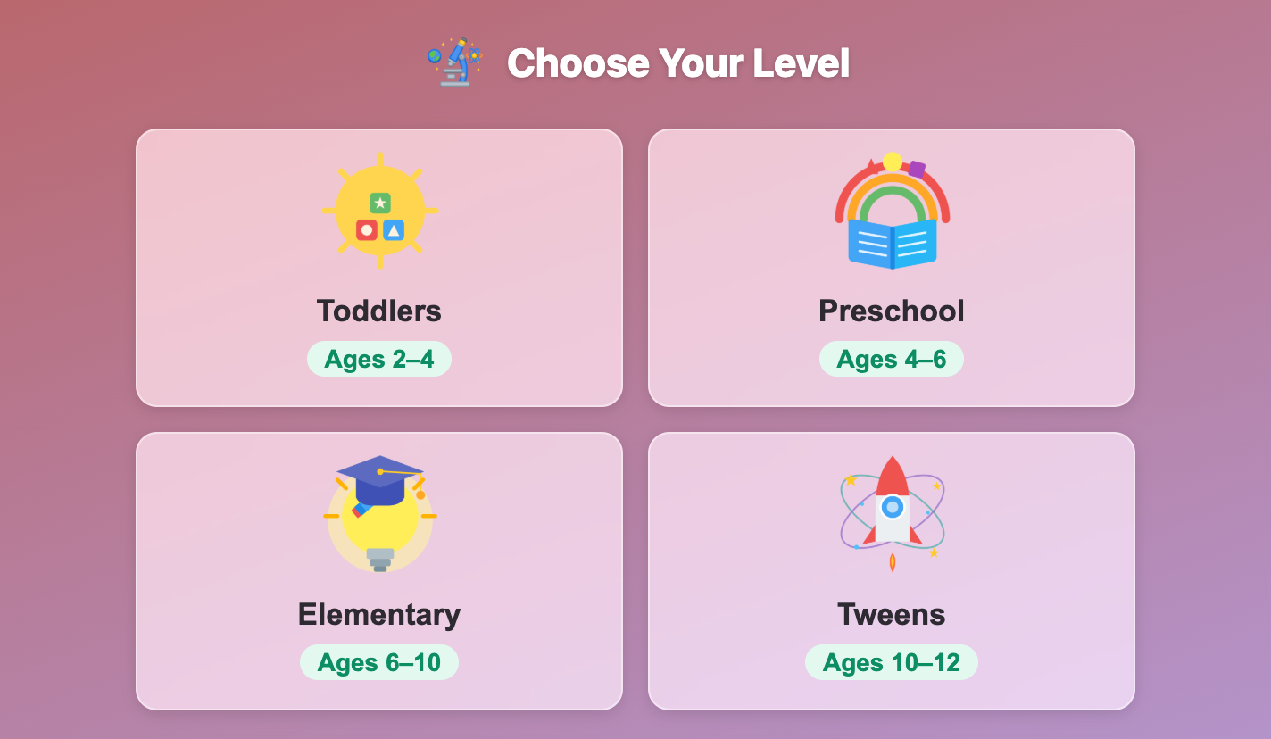 the Choose Your Level screen in Microscope Mystery for kids, with Toddlers, Preschool, Elementary and Tweens cards
