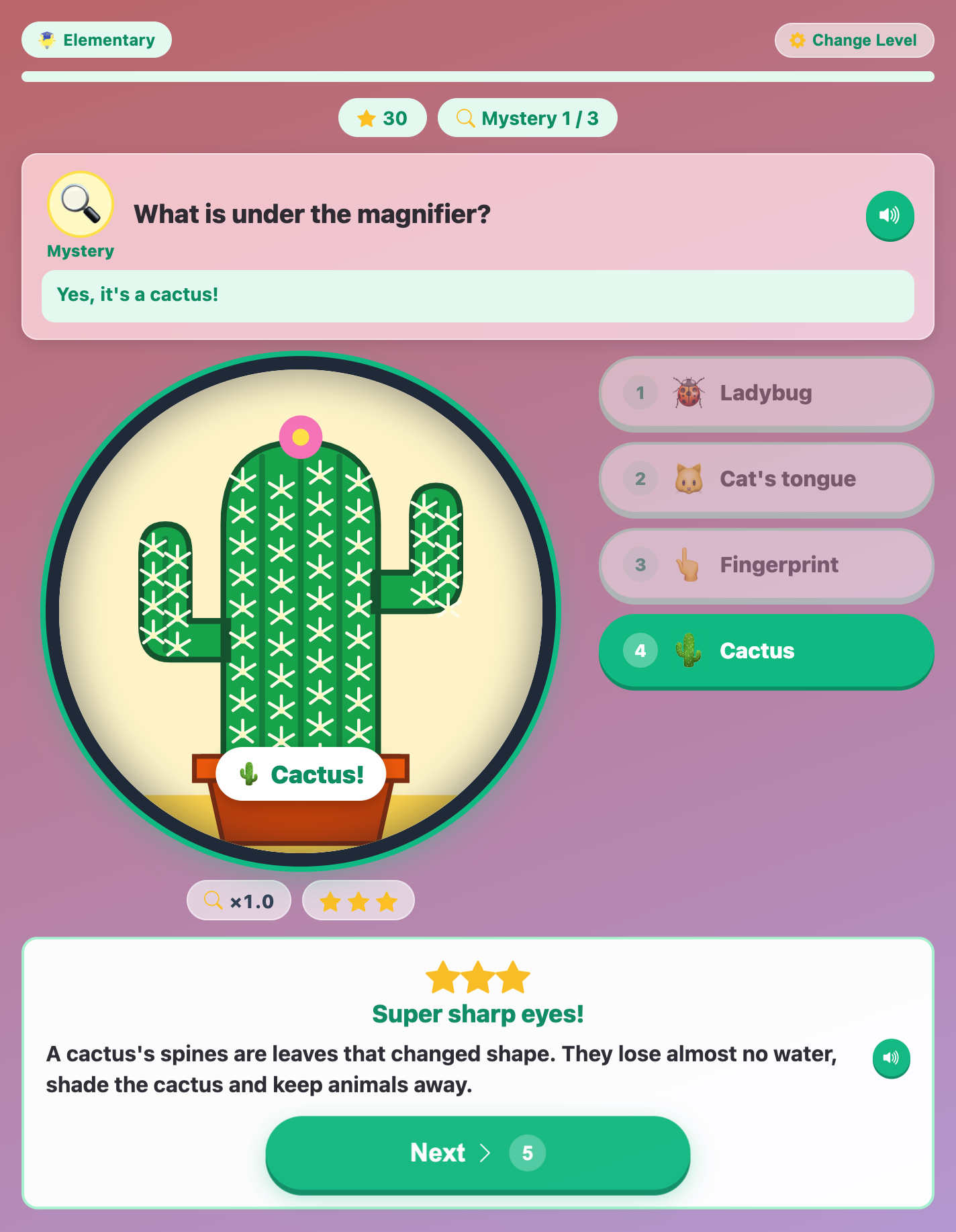 the whole cactus after a right guess, with three stars and a fact about cactus spines