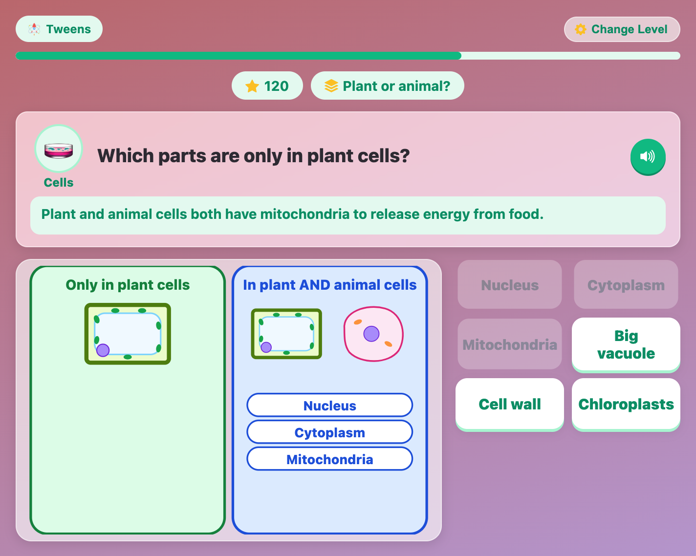 the Plant or animal round in Microscope Mystery for tweens, with cell parts sorted into two boxes